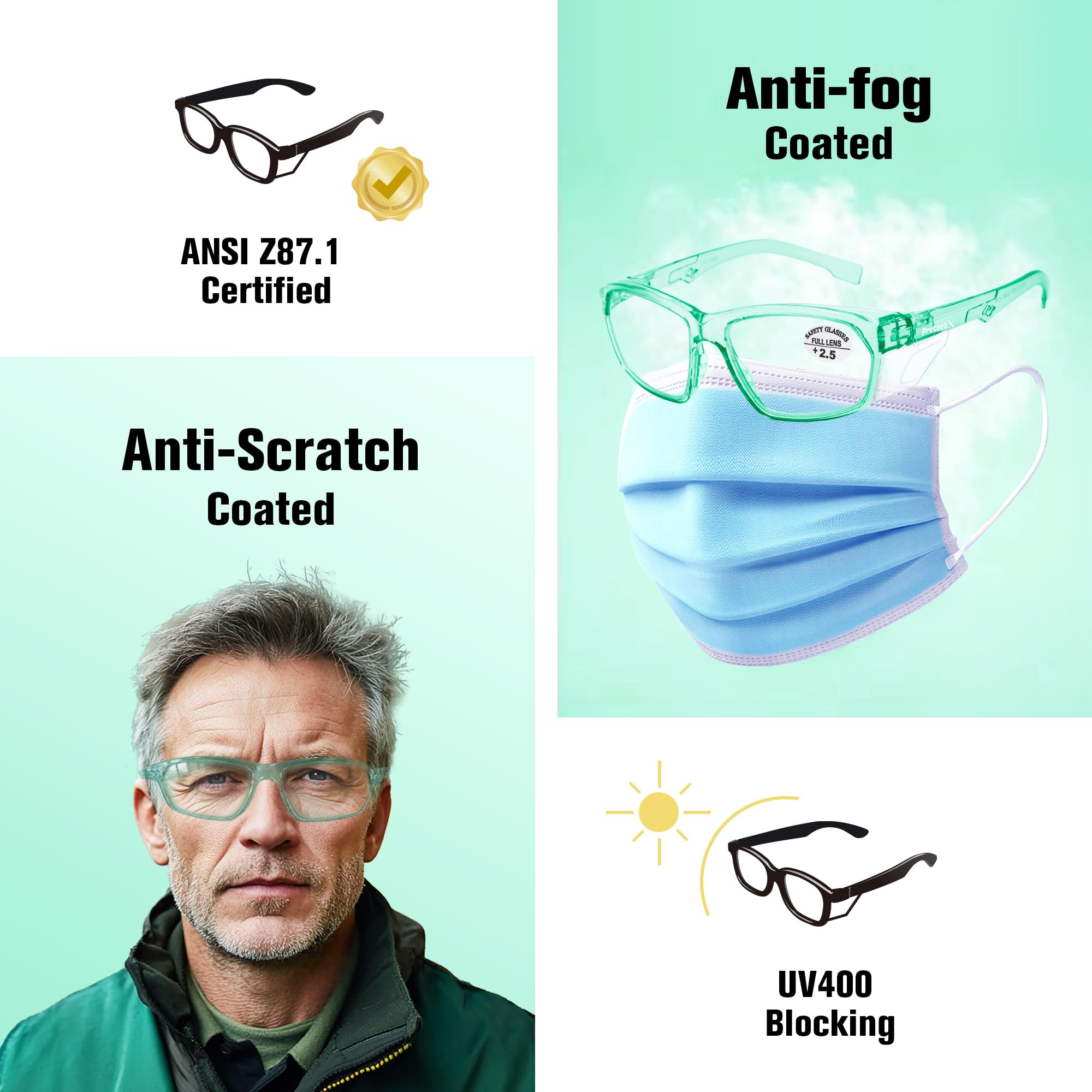 ProtectX - anteojos de seguridad con estilo antivaho y resistente a los arañazos con lectores, anteojos de protección UV, anteojos ligeras antiimpactos para hombres y mujeres, lente completa de