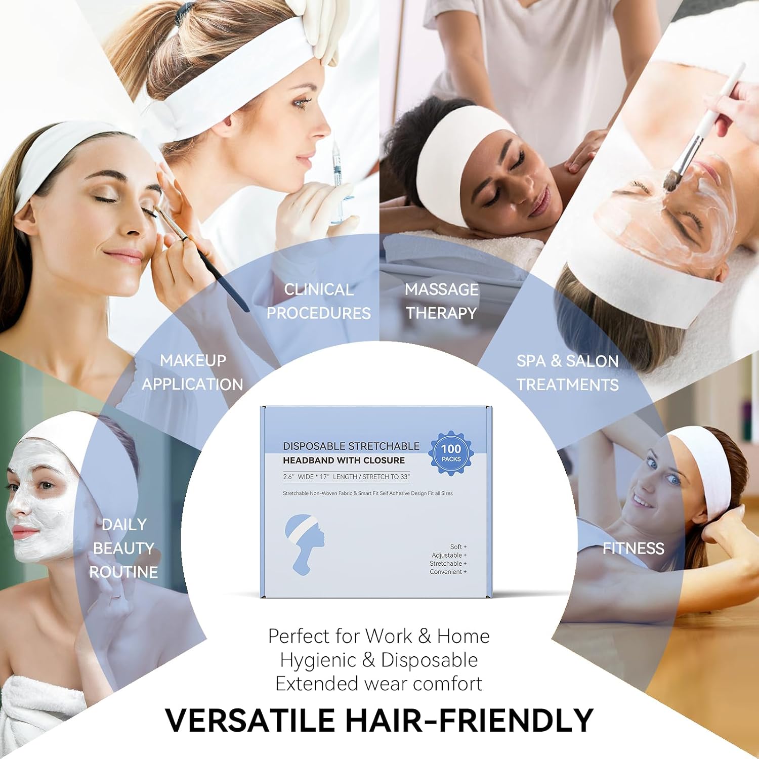 100 Count Disposable Headbands for Spa Headband for Washing Face Individually Wrapped Headbands for Women, Non-woven Fabric Facial Headband, Esthetician Supplies Makeup Artists & Salon Professionals