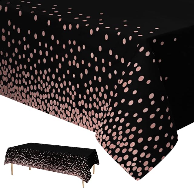 Black Rose Party Tablecloth,Xinvery Gold Dot Confetti Table Cover Disposable Plastic Rectangular Table Cloth for Outdoor Picnic Birthday Halloween Christmas Decorations,137 x 274cm
