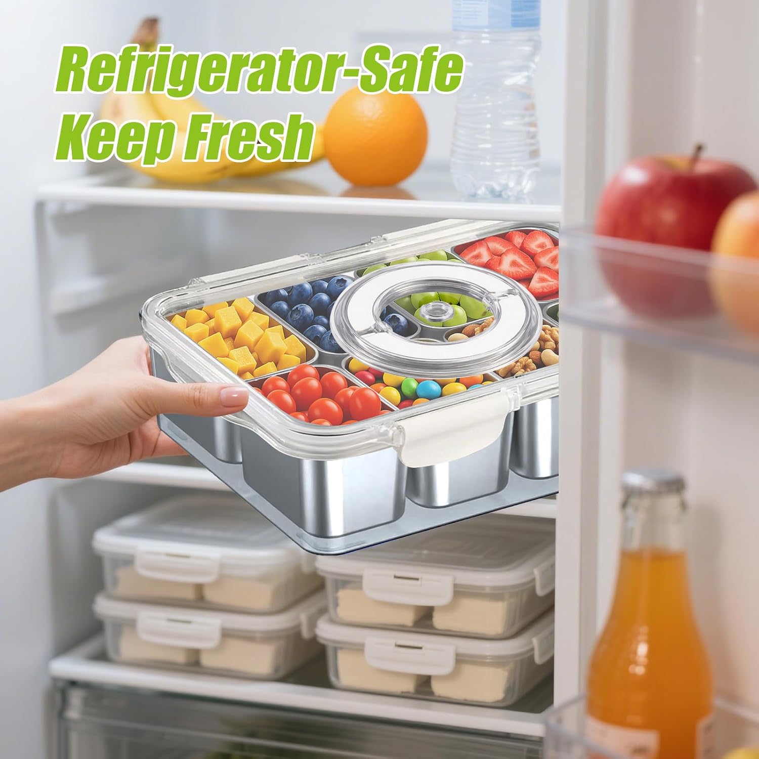 Stainless Steel Snackle Box Container - Reusable 8 Compartment Divided Serving Tray with Lid and Handle, Clear Portable Snack Containers Platters Storage Organizer for Snacks Fruit Candy Veggie Nuts