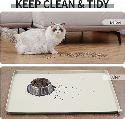 Vista 33 de Tapete impermeable para comida de perros y gatos con bordes elevados altos, pesados y gruesos, tapete de silicona libre de bisfenol A, para prevenir