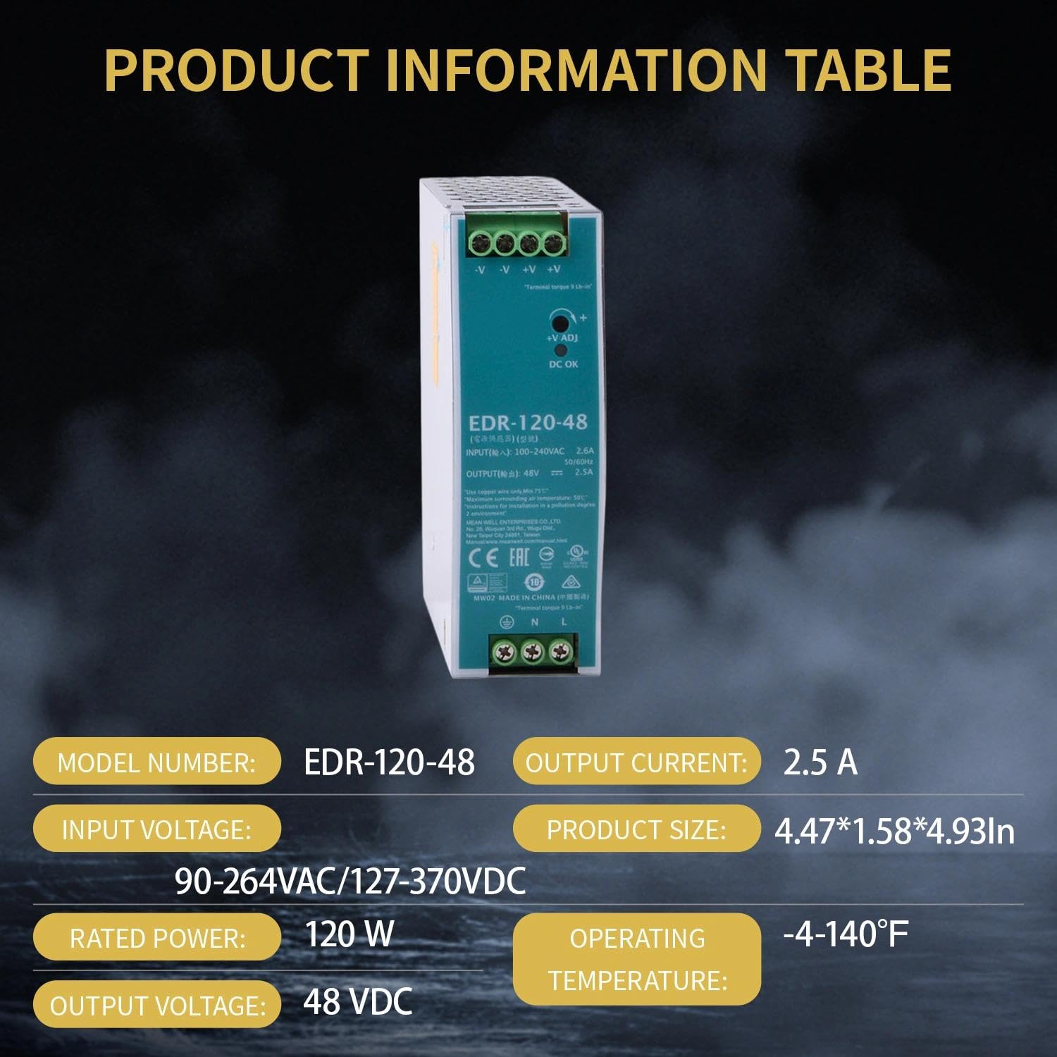 EDR-120-48 120W 48V 2.5A Single Output Industrial DIN Rail Power Supply, Constant Current Limiting, Overload & Overvoltage Protection