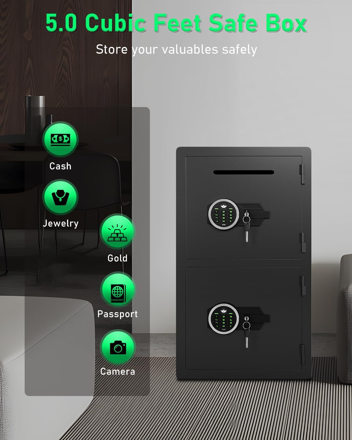 Cassaforte per la casa extra large da 15 cm, impermeabile, a prova di fuoco, cassaforte digitale di sicurezza domestica con slot per deposito e scatola di immagazzinaggio in metallo, rivestimento