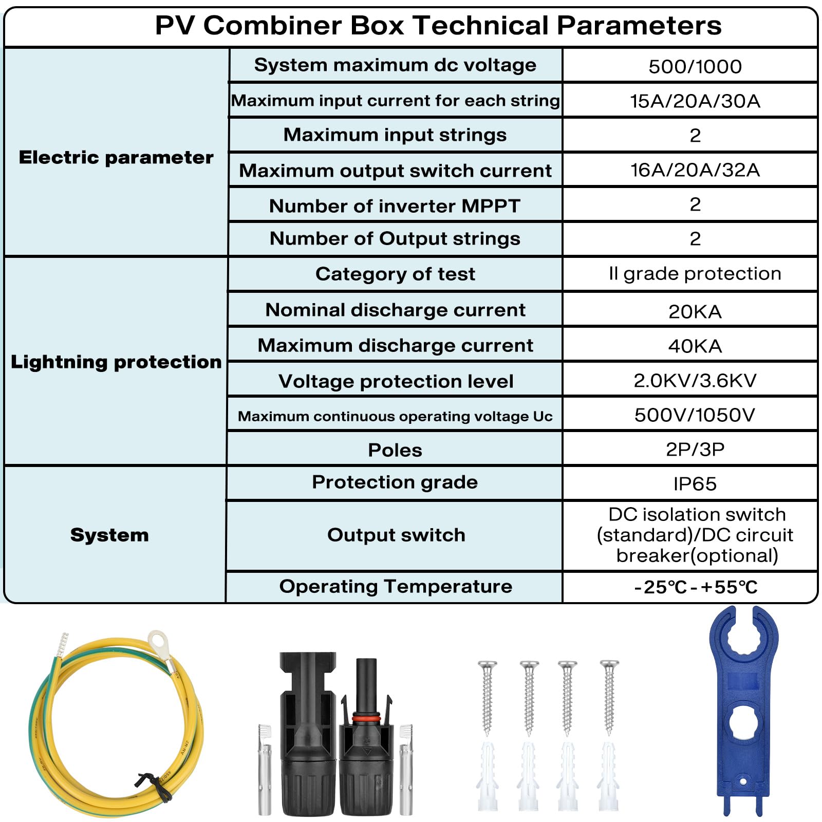 Protection contre les surtensions PV - 1000V 32A boîte de jonction solaire, protection contre la foudre DC interrupteur de séparation système pv 2 chaînes (2 en 2 sorties), DC Combiner box