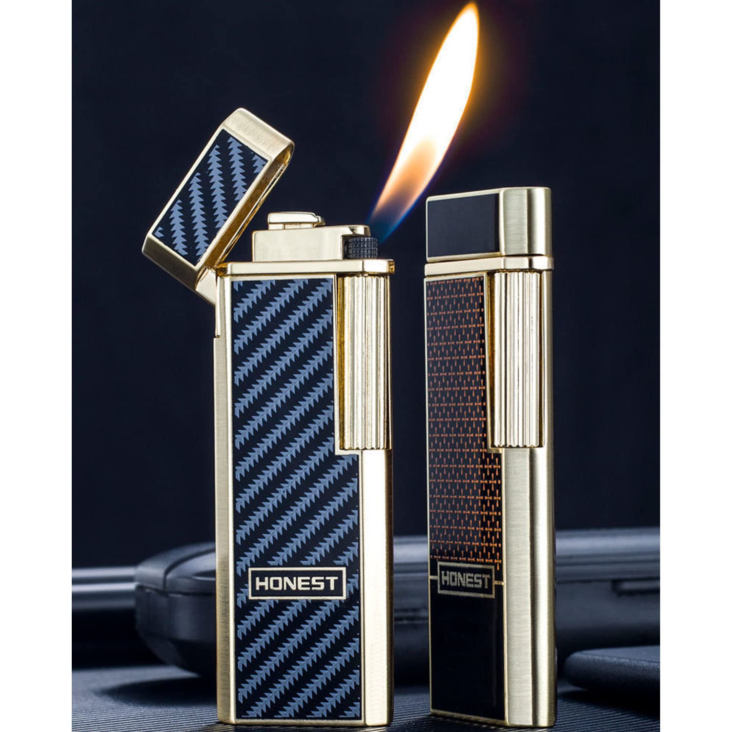 Briquet Butane Oblique Soft Flame Flint Wheel Ignite Gadgets Léger Slim Pipe Briquet Outil pour Fumer avec Boîte-Cadeau (sans Gaz)