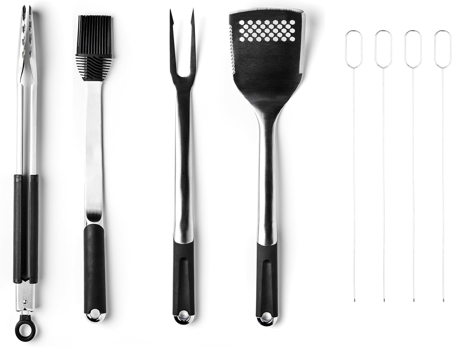 HexClad 8-Piece BBQ Grill Tool Set with 18" Grill Spatula, 18" Locking Tongs, 17" Silicone Basting Brush, 18" Grill Fork, and Four 15" Flat Skewers, Heat-Resistant, Soft-Grip, Non-Slip Handles