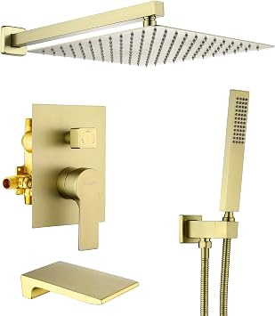 SHAMANDA Shower System with Waterfall Tub Spout and Handheld Shower Head, 12" Rain Shower Faucet Sets Complete with Shower Round-in Valve and Trim Wall Mount, Brushed Gold, L101-3