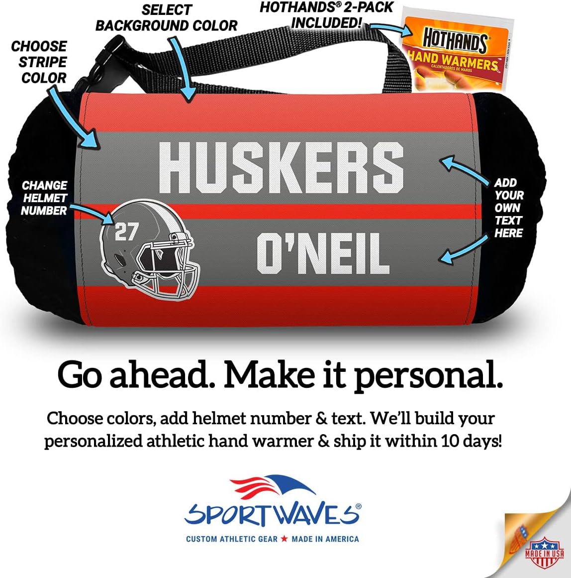 Hand Warmer for Quarter Back, Players, and boosters - Customizable Team Name and Player Name