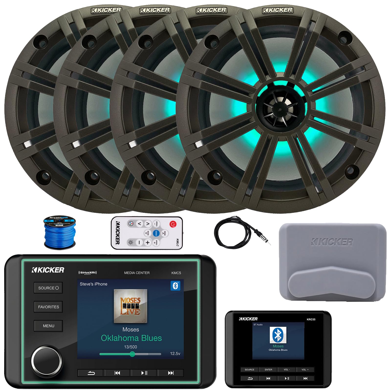 Kicker KMC5 3.5" LCD Display Marine Bluetooth USB/AUX WB AM/FM Gauge Style Receiver W/Digital Controller, 4X 8 300W Max Power RGB LED Boat Speakers W/Charcoal Grilles + LED Controller, Antenna, Wire