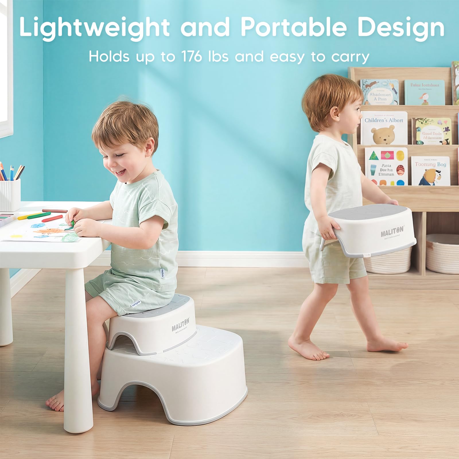 Maliton Toilettensitz Kinder mit 2-stufiger Tritthocker für Kinder 1-8 Jahren, Kindertoilettenkorb mit weichem Sitzring, Rutschfestes Design, Spritzschutz, Weiß-grau