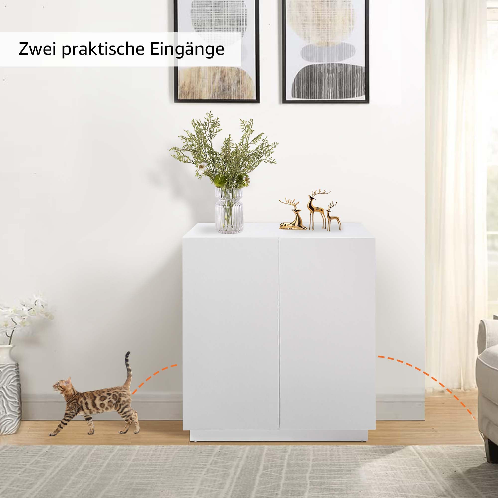unipaws Hohes Katzenklo Möbel mit Regalen, Verstecktes Katzenklo Gehäuse für hohe oder Top Entry Katzentoiletten, Geschlossener Katzenklo Schrank, Katzenmöbel, Weiß