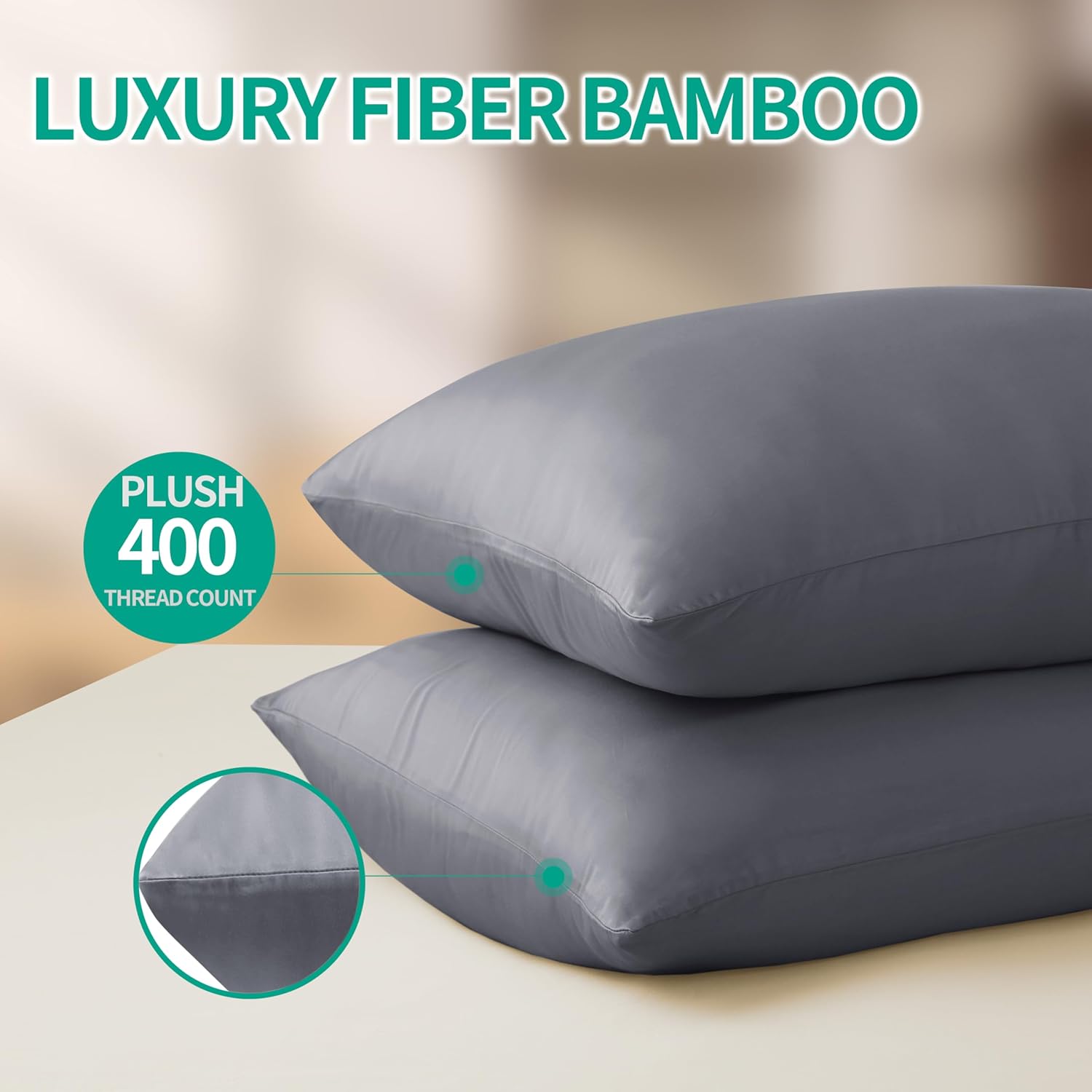 Bamboo Viscose Zippered Pillow Cases Queen Size Set of 2, 400 Thread Count Cooling Pillow Protectors for Hot Sleepers, Luxurious Hotel Quality - Silky, Soft, Breathable (20x30 Inches, Dark Grey) - Image 4