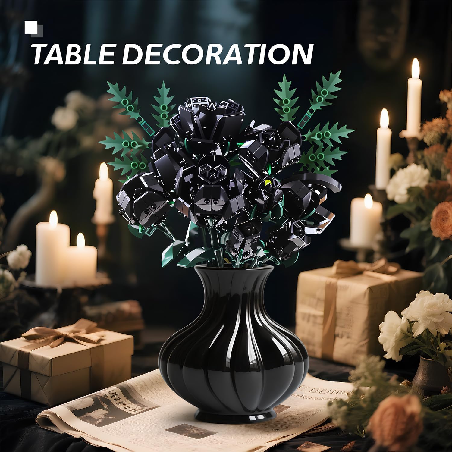 SIENON Black Rose Bouquet Building Set-10pcs Black Roses & 2pcs Leaves Botanical Collection, Artificial Flowers for Gothic Home Halloween Décor Women Gothy Teens (No Vase) - Image 2