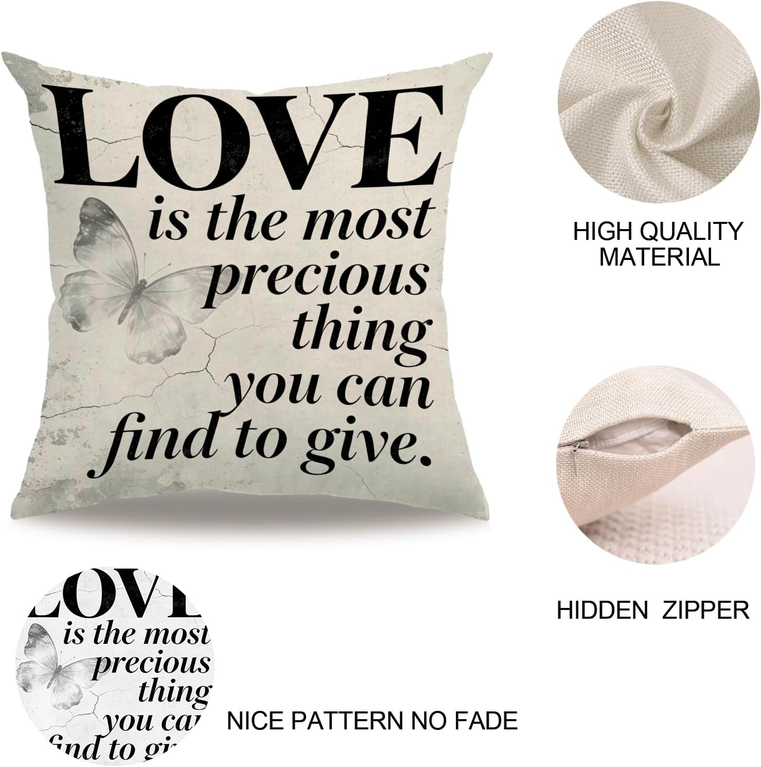 7COLORROOM Vintage Inspirational Quote Throw Pillow Cover 18x18 Inch,Love is the Most Precious Thing You Can Find to Give Butterfly Cushion Cover Farmhouse Rustic Butterfly Retro Pillowcases (Grey-L) image 4