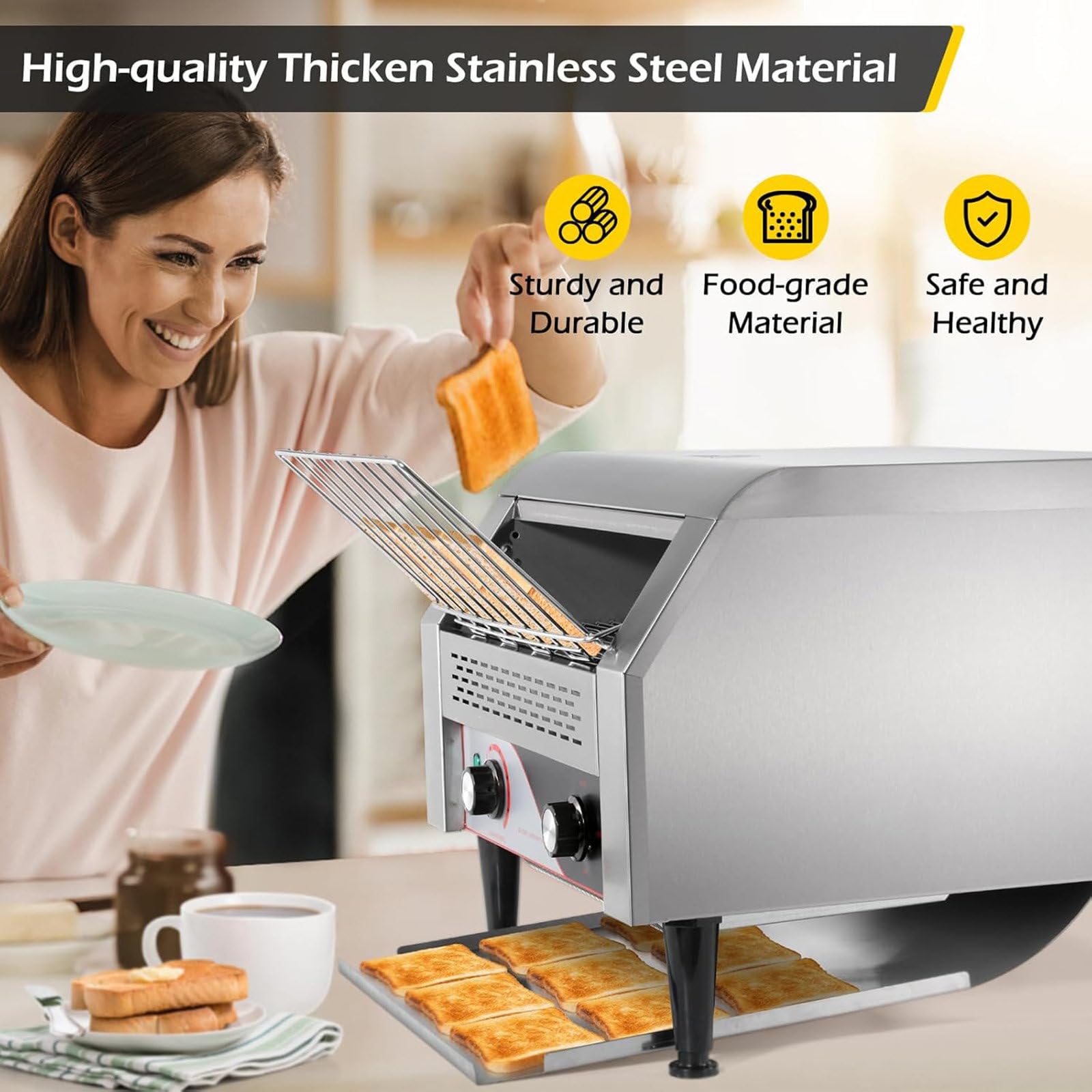 Tostadora Comercial,300-450 Rebanadas/Hora,Tostadora de Restaurante con Cinta Transportadora,Tostadoras Industriales de Alta Resistencia con Doble Calentamiento para Panecillos y Bagels,450PCS/Hour