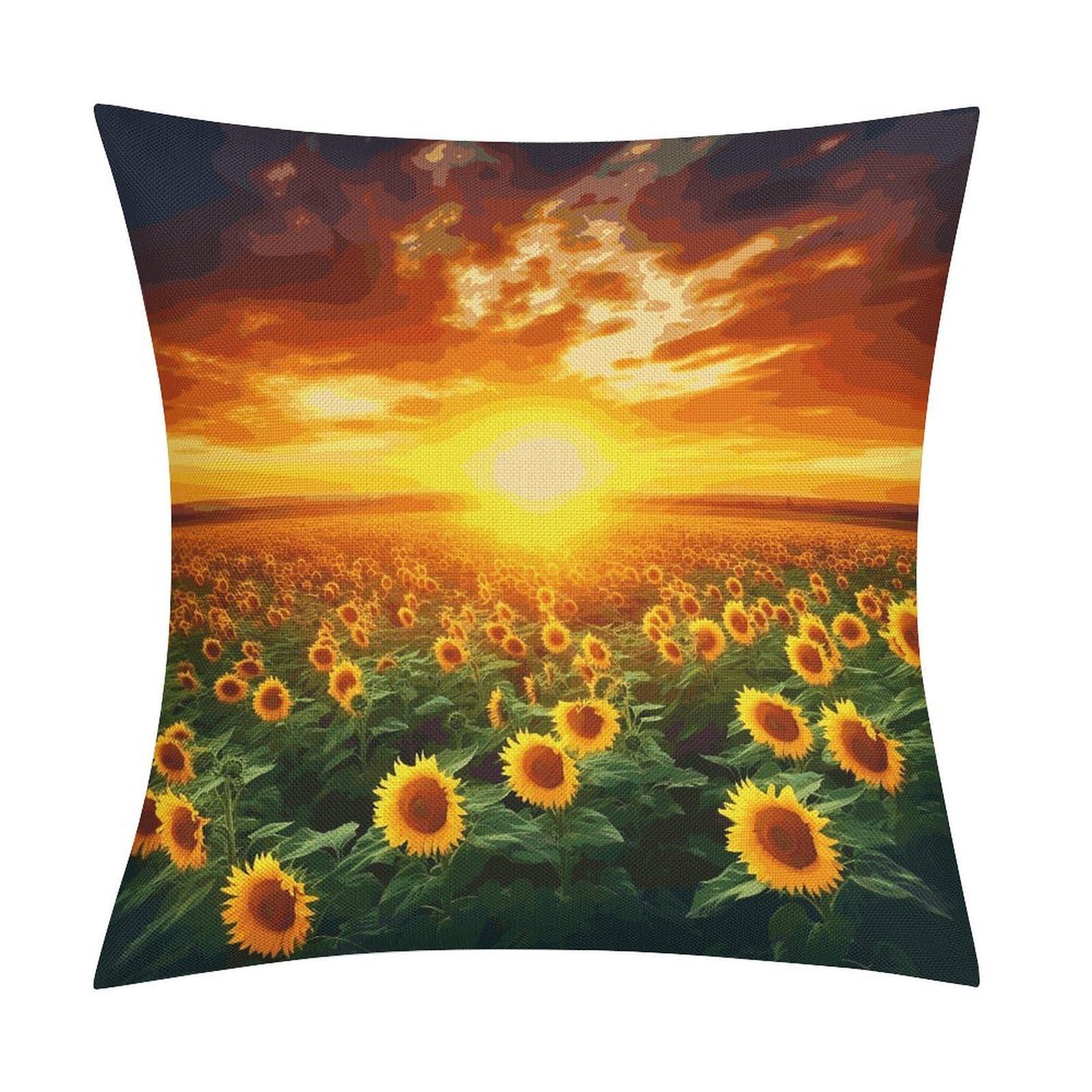 Fodpand Style Dreamlike Sunset Of A Sunflower Field Pillow Covers 18X18 Inch, Pillow Cases Boho Farmhouse, Throw Pillow Covers For Couch Sofa Bed Spring Home Decor