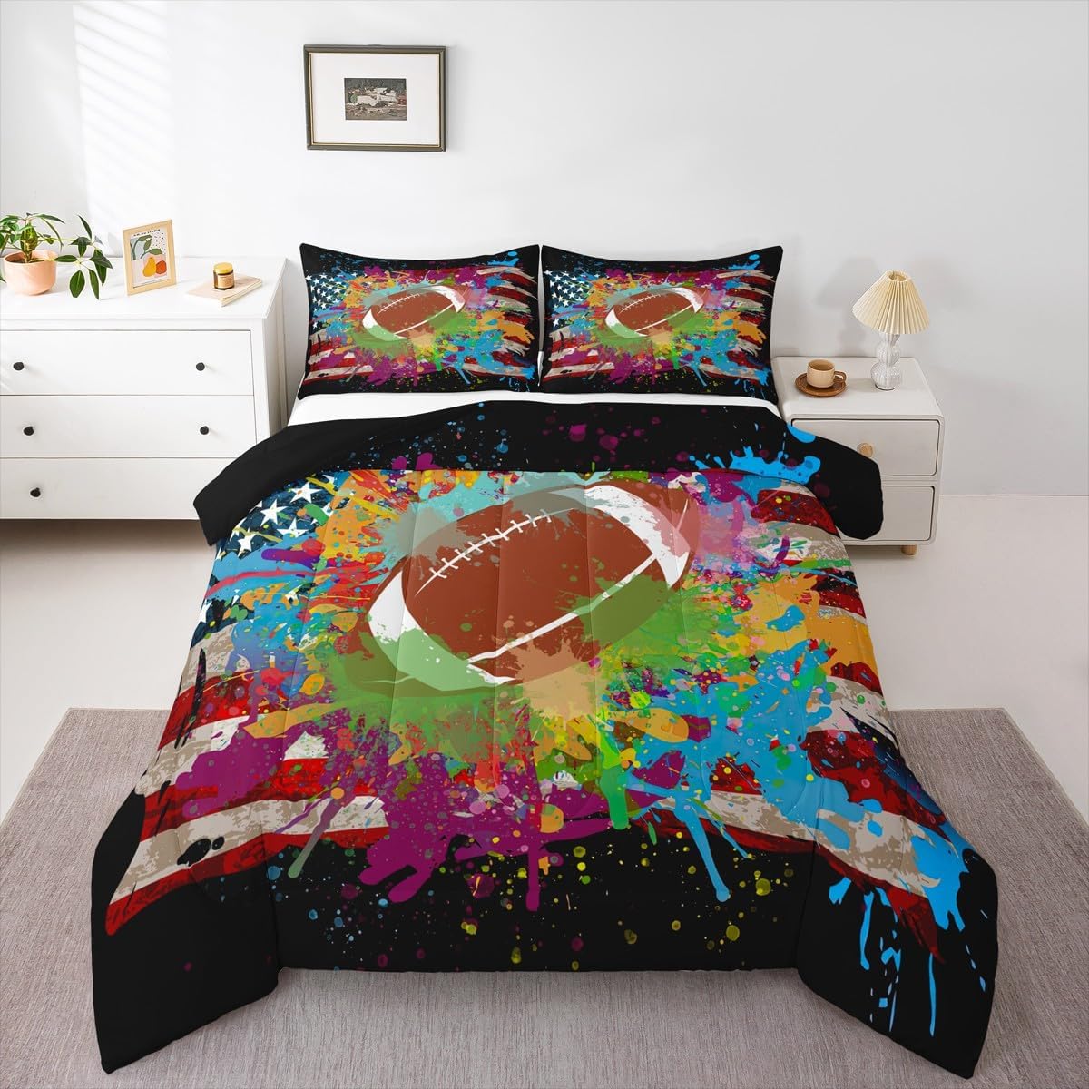 Feelyou American Football Bedding Set Watercolor Sports Theme Paint Football Comforter Set Rugby Sports Comforter Soccer Ball Game Duvet Set Full Size with 2 Pillow Case