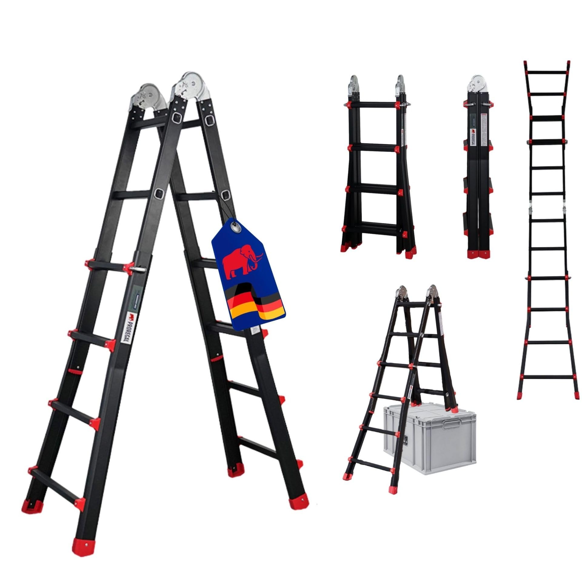 PROREGAL Sprossen-Mehrzweckleiter Apollo 3-in-1 Aluminiumleiter 4x4 Sprossen bis zu 3,7m Höhe Traglast 150kg Schwarz Treppenleiter Klappleiter Teleskopleiter Stehleiter Anlegeleiter