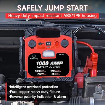 Car Battery Jump Starter with Air Compressor Portable Tire Inflator,260PSI 1000Amp Battery Booster Jumper Box(Up to 5L Gas or 5L Diesel) Power Station 12V DC Outlet USB Port,LED Light