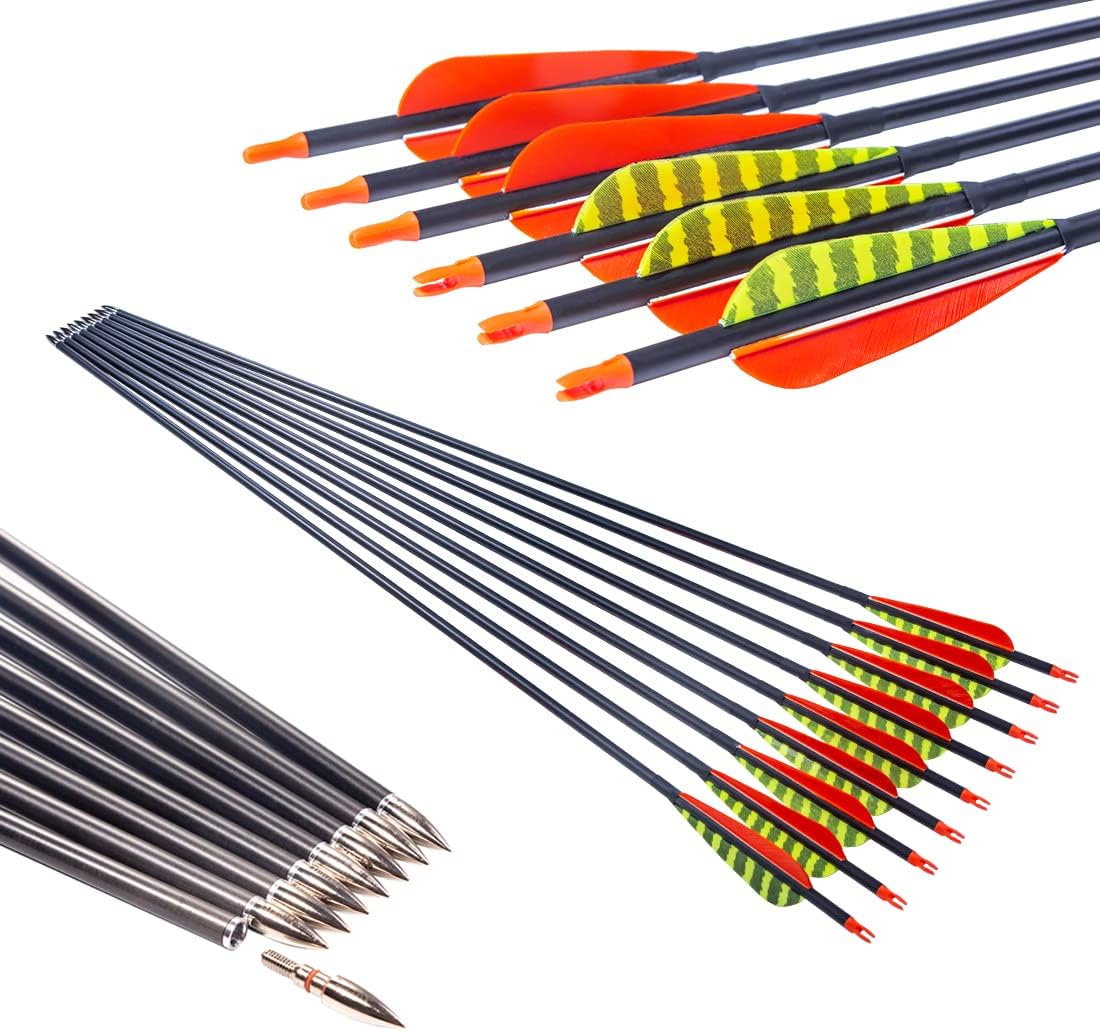 Traditional Archery 300 340 400 500 600 Spine Carbon Feather Arrows for Recurve Compound Bow Longbow Hunting Targets Arrow 12PCS Spine600 30inch