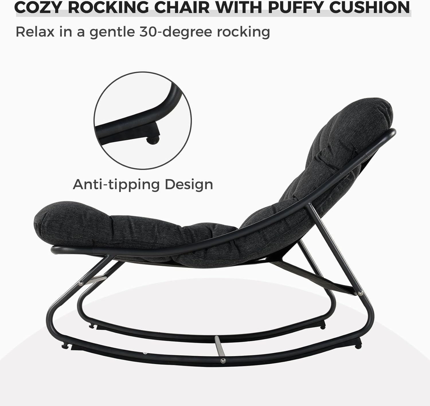 Grand patio Outdoor Rocking Chair, Padded Cushion Recliner Rocker for Front Porch Sunroom Patio Backyard, Comfy Lounge Rocking Chair for Napping Relaxing, Grey