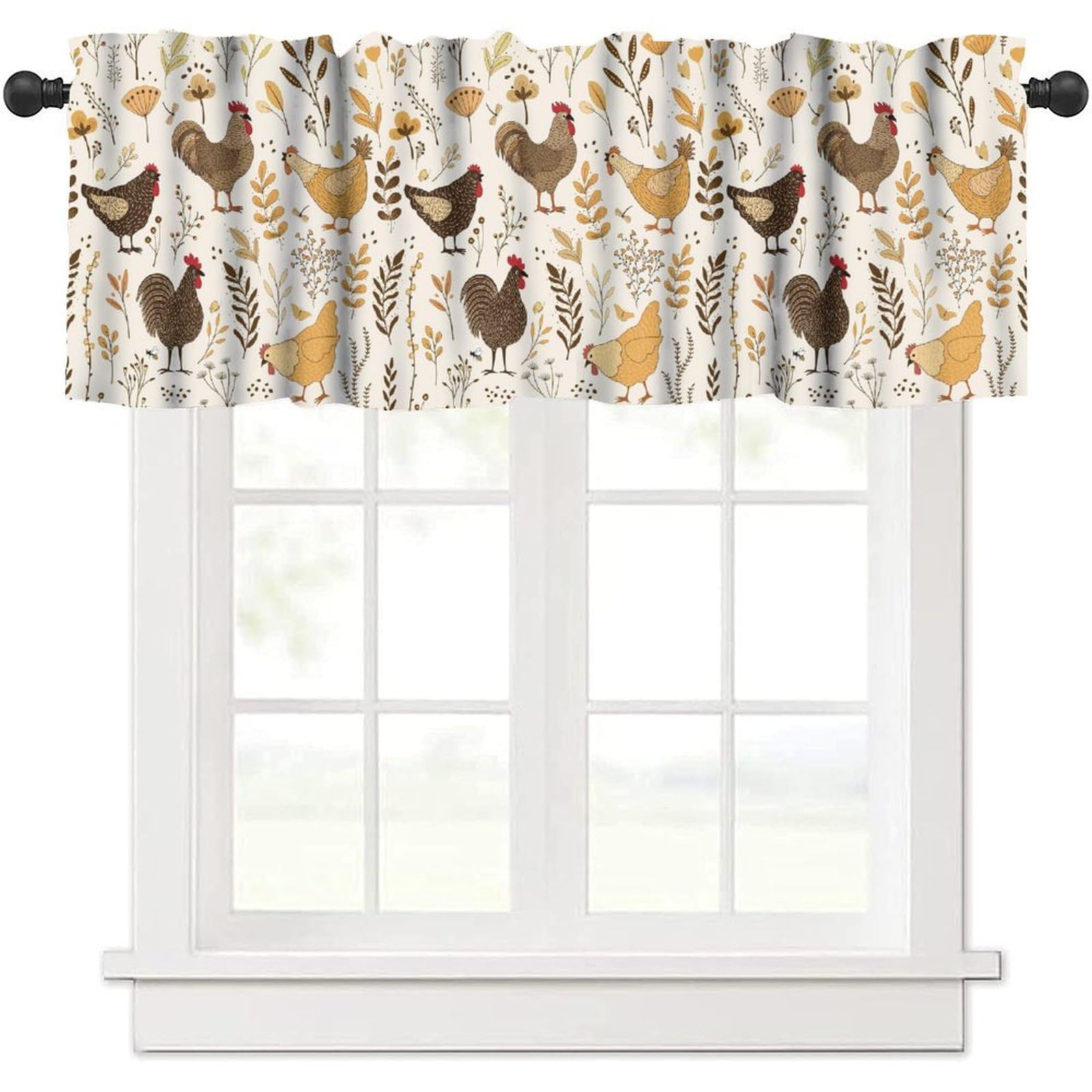 moderw Farmhouse Rooster Window Valance Curtains, Rustic Farm Animals Window Treatments Cute Cartoon Chicken Floral Curtain Valance for Cabin Cottage Kitchen Living Room 54x18inch
