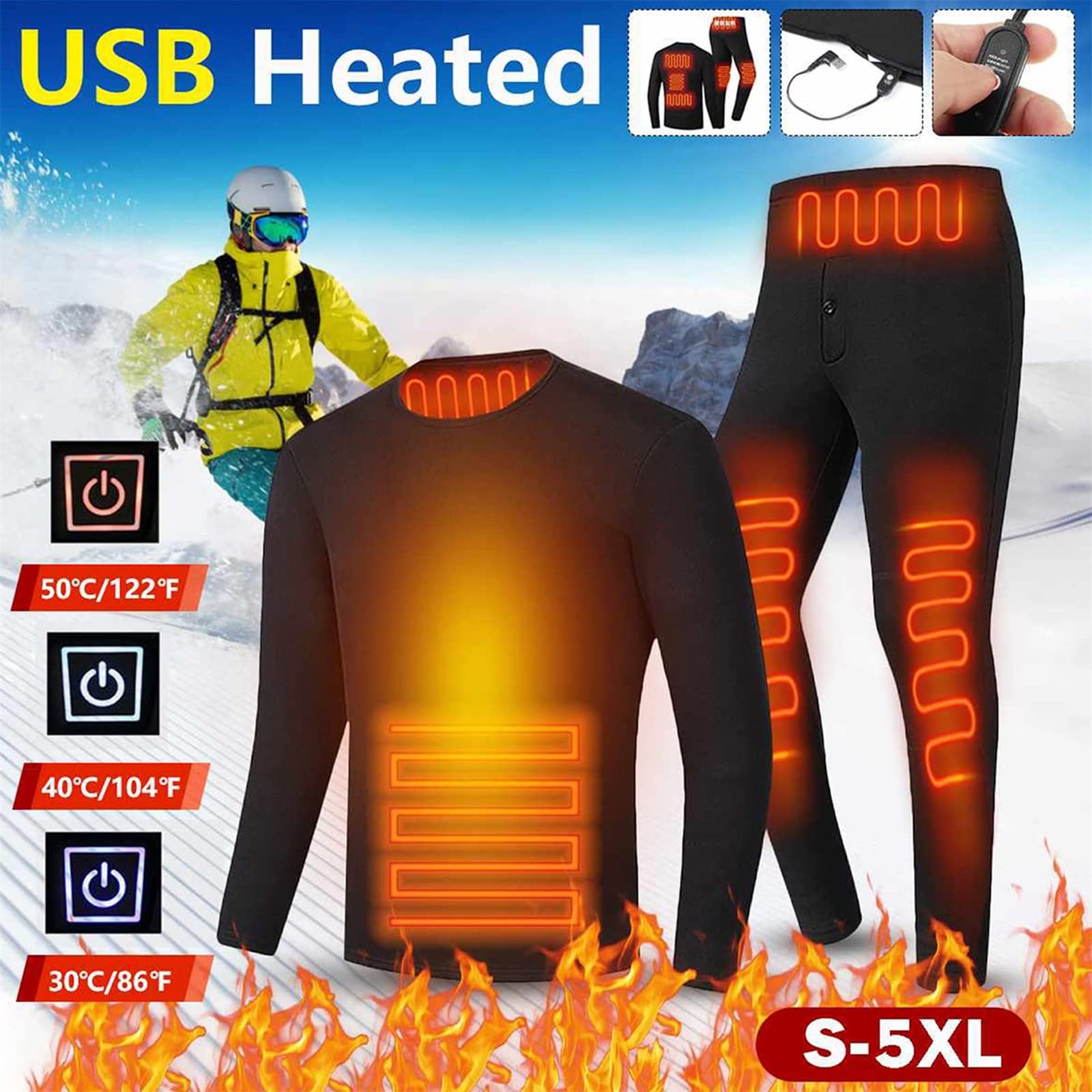 Ropa Interior térmica para Hombre, calefacción de 6 Zonas USB de Invierno para Senderismo, esquí, Caza (Negro 3XL) (Negro L)