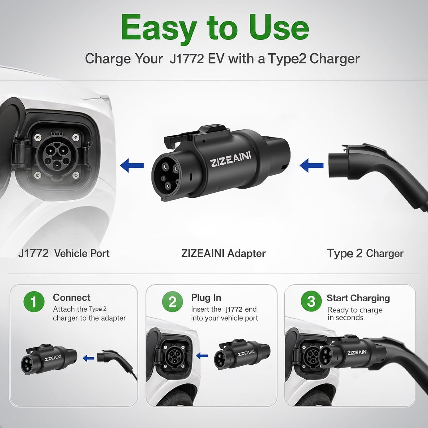 Type 2 to Type 1 EV Charging Adapter Max 32A SAE J1772