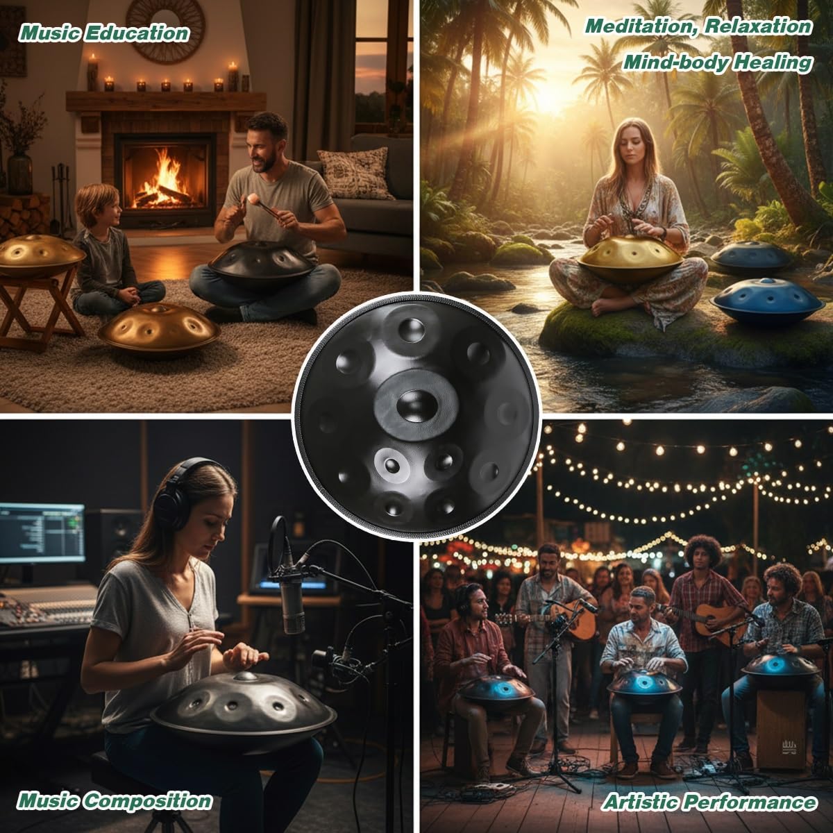 Handpan 432 440 Hz Tamburo a Mano In Acciaio Da 22 Pollici, Strumento a Drum Handpan Re Minore 9 10 12 Note per Principianti Sound Healing Meditazione(Blue,440HZ/10Note)
