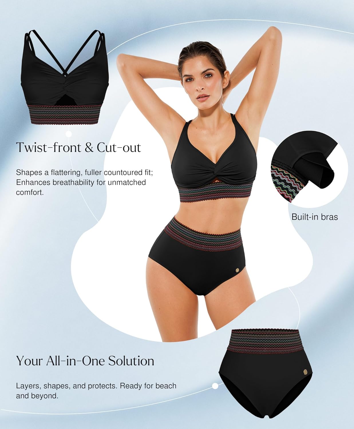 Popilush Tummy Control Swimsuits for Women - High Waisted Bikini Sets Shapewear with Boho Trim 4 Way Wear Pool and Beach - Image 3