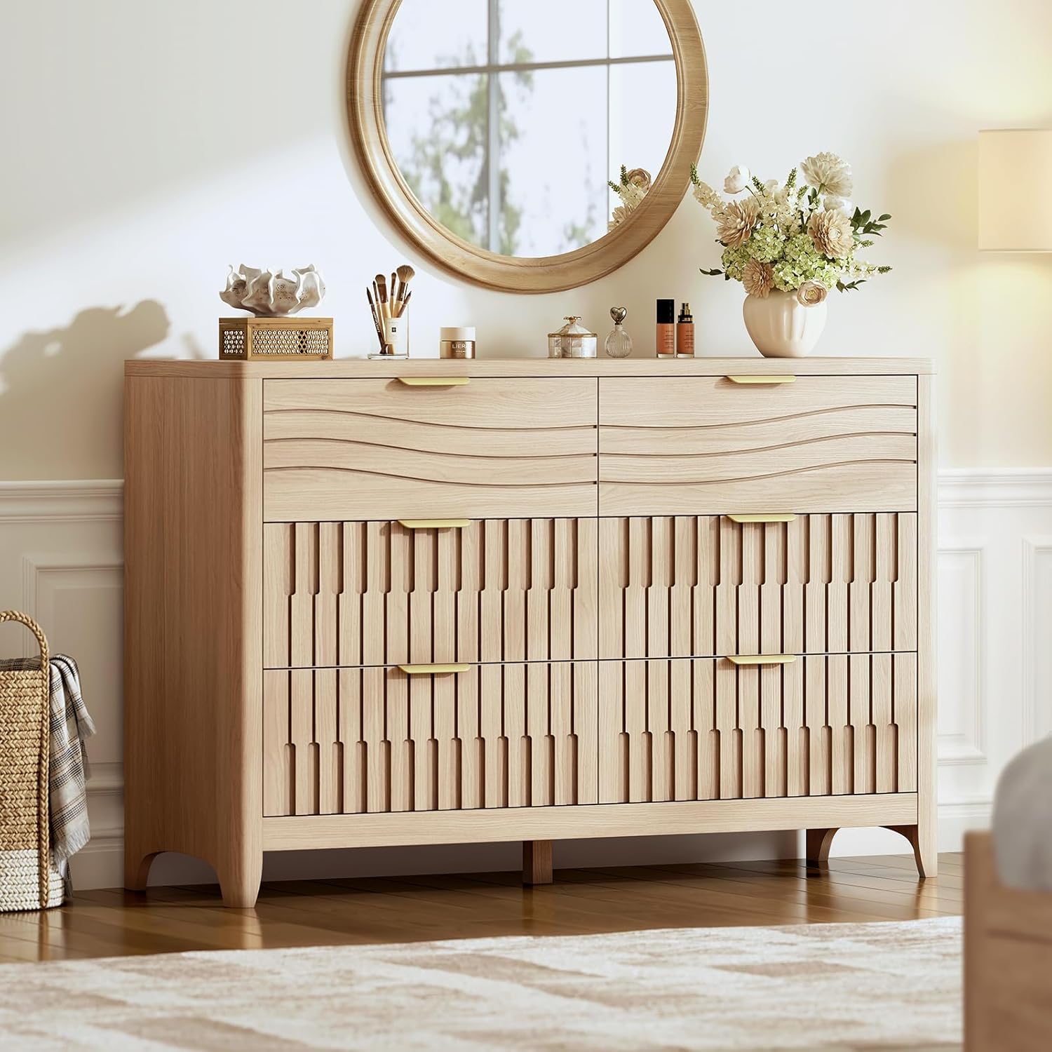 Fluted 6 Drawer Dresser for Bedroom, 48'' Wide Wooden Chest of Drawers with Metal Handles, Modern Dresser TV Stand, Wood Clothing Storage Organizer for Living Room, Entryway, Natural Oak