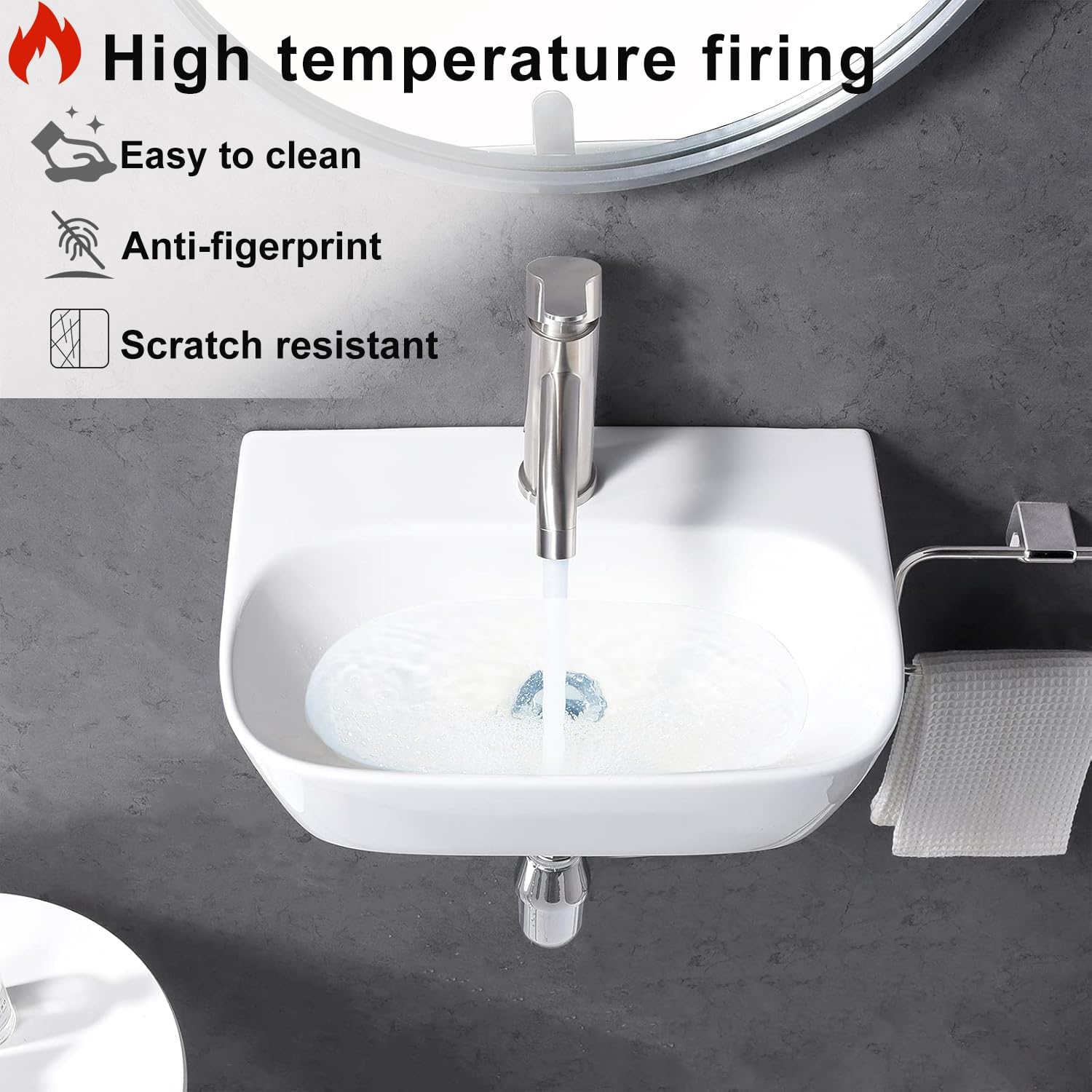 Friho Wall Mounted Bathroom Sink, 16"x11" Small Wall Mount Sink White Porcelain Ceramic for Lavatory Vanity.