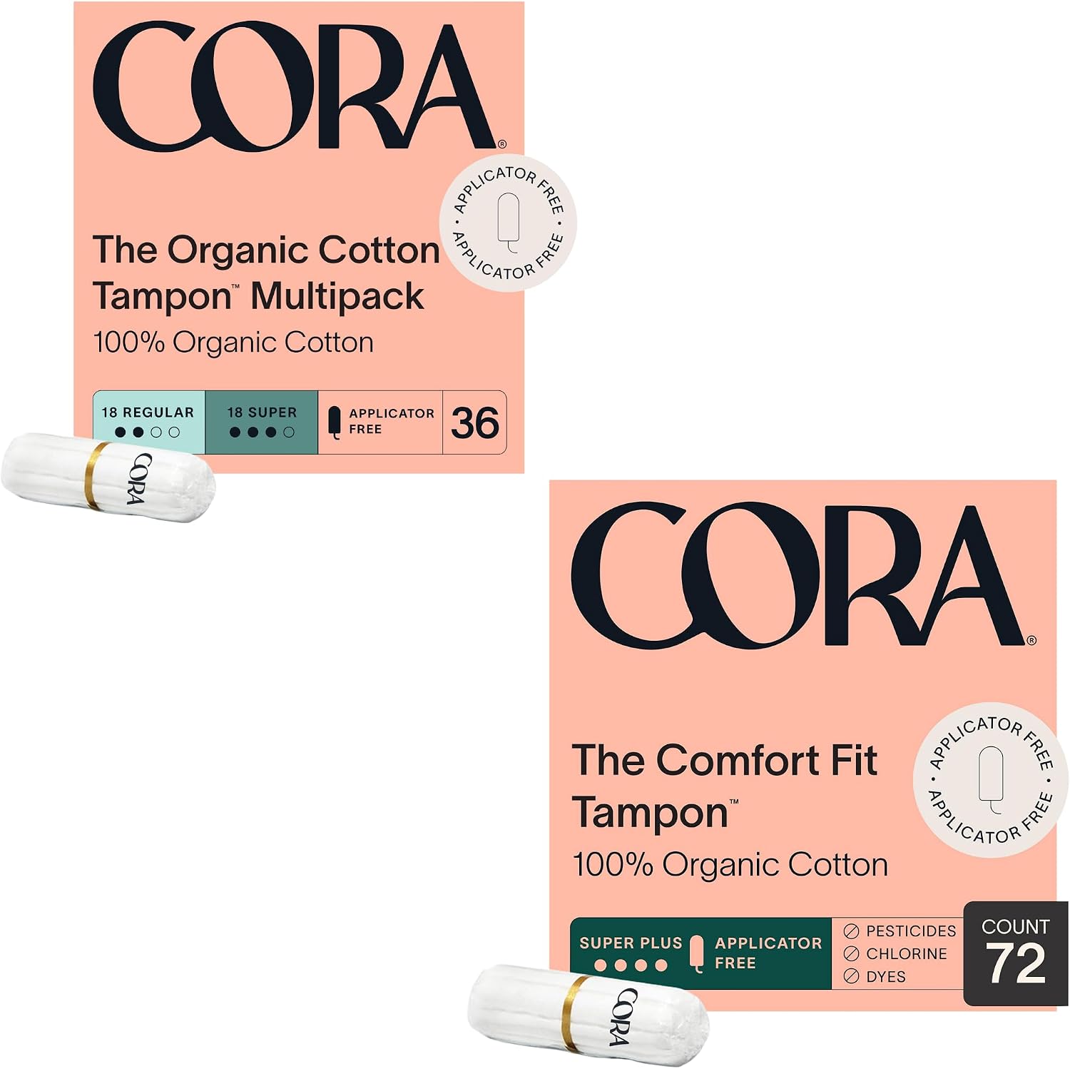 Cora Organic Feminine Care | Non-Applicator Tampon Packs | Ultra-Absorbent, Unscented, Natural, Non-Toxic | 18 Regular, 18 Super, 72 Super Plus Absorbency Tampons | Bundle Pack