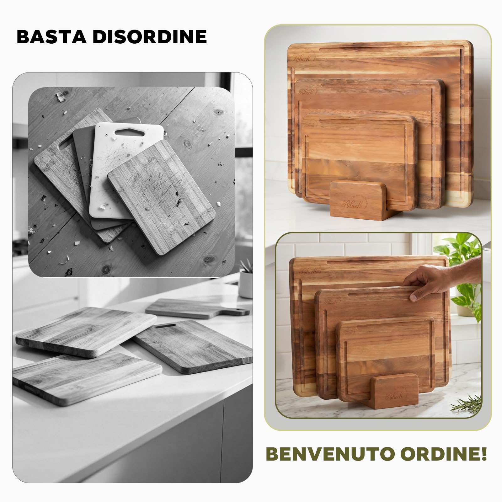 Set Taglieri 3 Pezzi in Legno di Acacia Massello con Supporto | 40x30cm 33x24cm 26x18cm | Taglieri Spessi 2cm con Canaletto e Piedini Antiscivolo