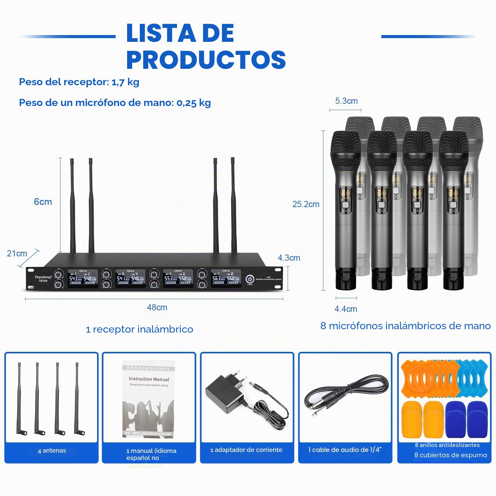 Depusheng DF208 UHF Micros Inalámbrico System de Micrófono Portátil Dinámico Profesional de 8 Canales Caja de Metal Emparejamiento Automático de Frecuencias Adaptado a la Escena, Conferencia