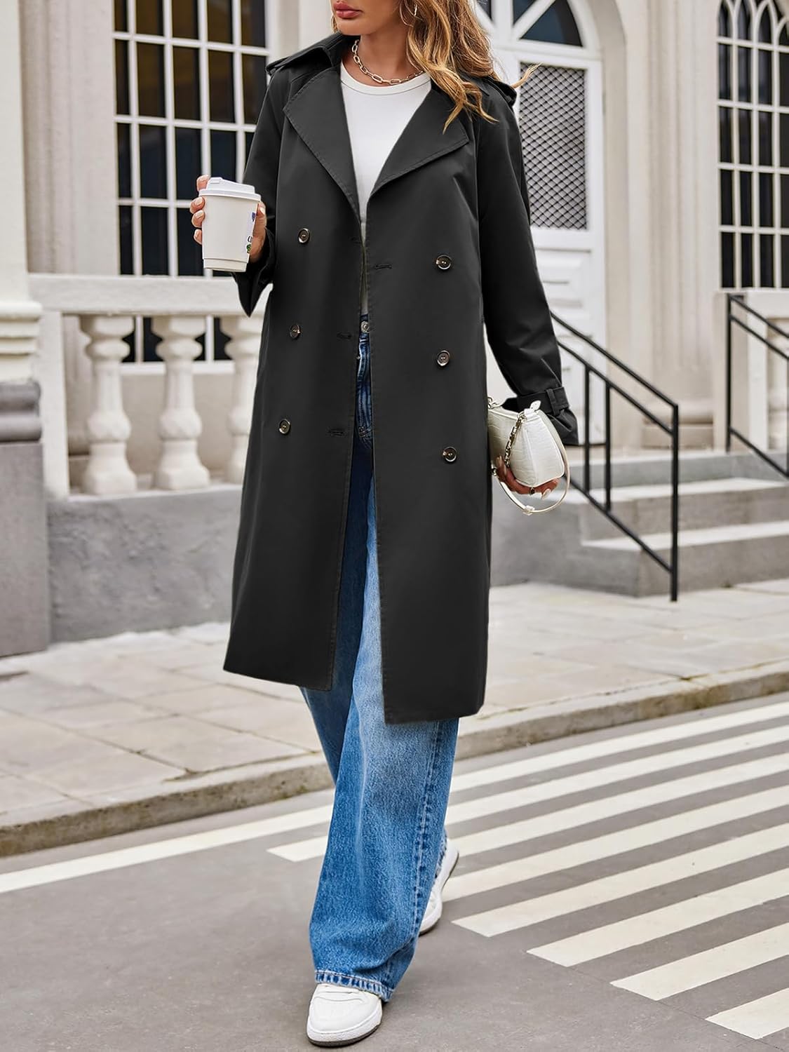 Tankaneo Womens Long Trench Coat Double Breasted Notch Lapel Lightweight Oversized Windproof Fall Overcoat with Belt - Image 5