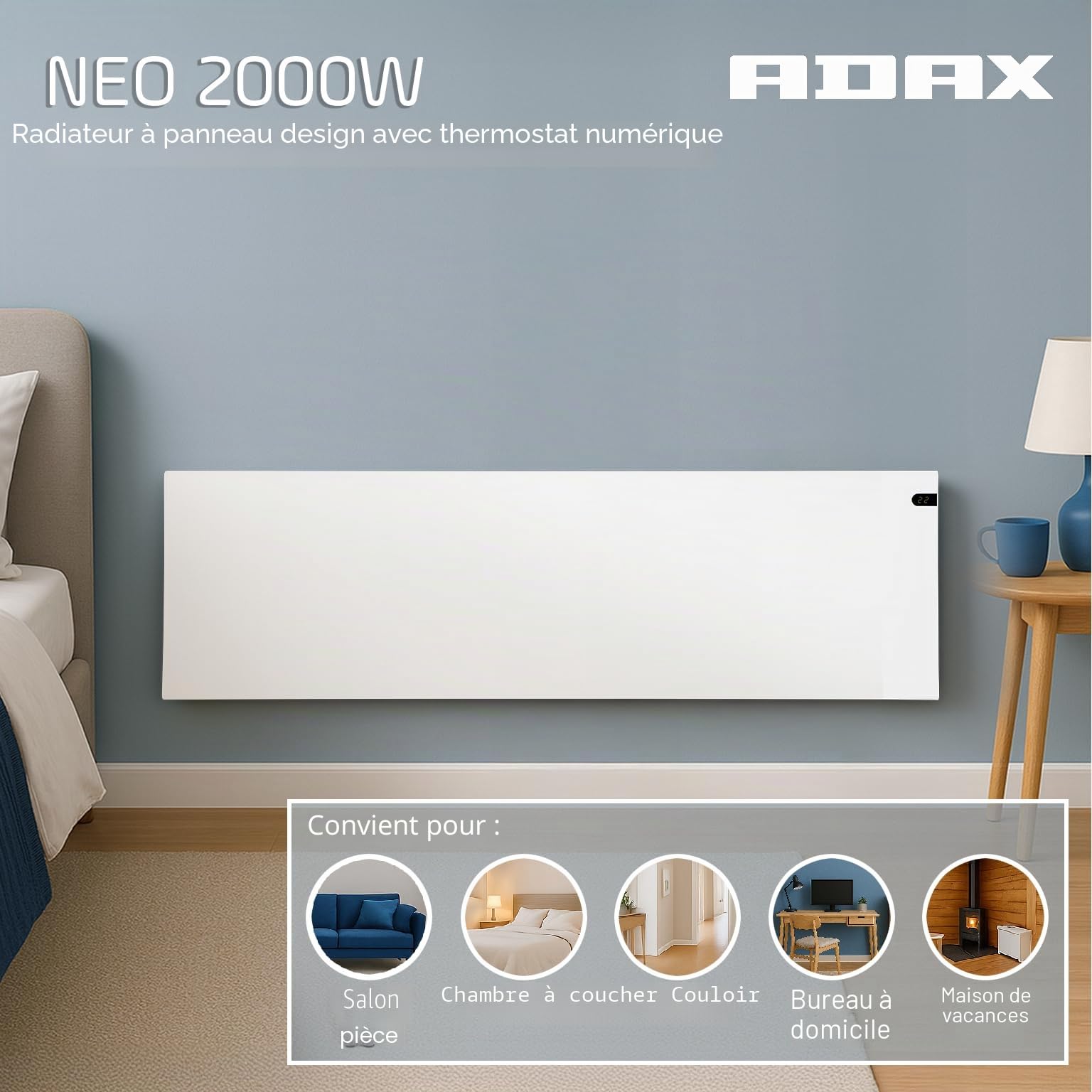 Adax Neo NP - Radiateur Electrique 2000W | Chauffage Electrique | Faible Consommation d'Energie | Chauffage d'appoint | Convecteur Electrique Mural avec Thermostat | Hauteur 370mm | KDT Blanc