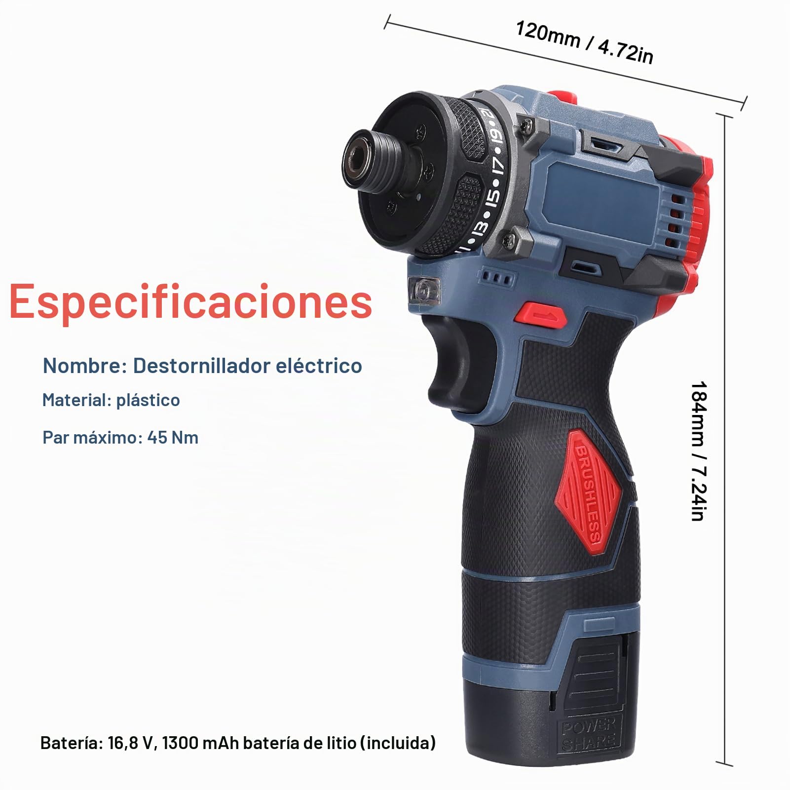 Weytoll Taladro Atornillador Inalámbrico de 16,8 V, Destornillador Inalámbrico con 2 Baterías 1300 mAh, Máximo 45 Nm, Ajuste de par 23+1, 2 Velocidades, Luz LED para Reparación