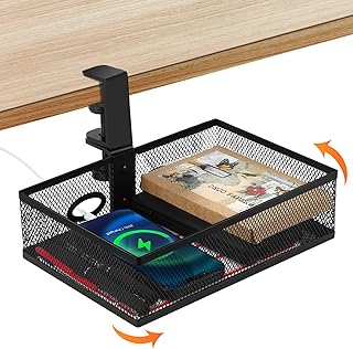 Under Desk Drawer, BicycleStore Mesh 360° Clamp-on Swivel Desk Organizer Metal Storage Hidden Desk Pencil Drawer Large Capacity Hanging Desk Organiser Extender Shelf for Office Home Table Desk Tidy