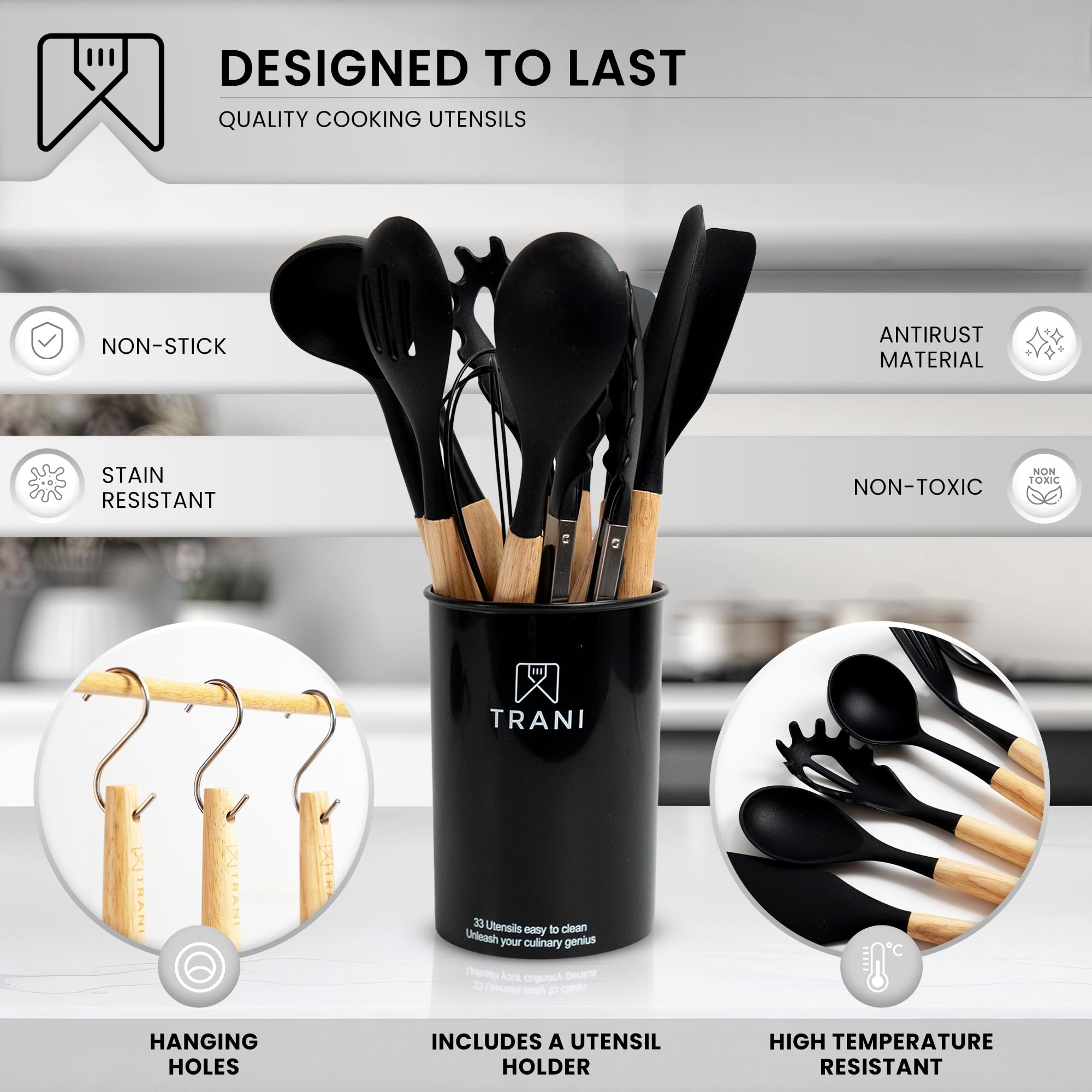 TRANI Kitchen - Juego de utensilios de cocina de silicona de 33 piezas con soporte, compacto, resistente al calor hasta 230.0 °C, antiadherente y duradero con asas de madera natural, juego de