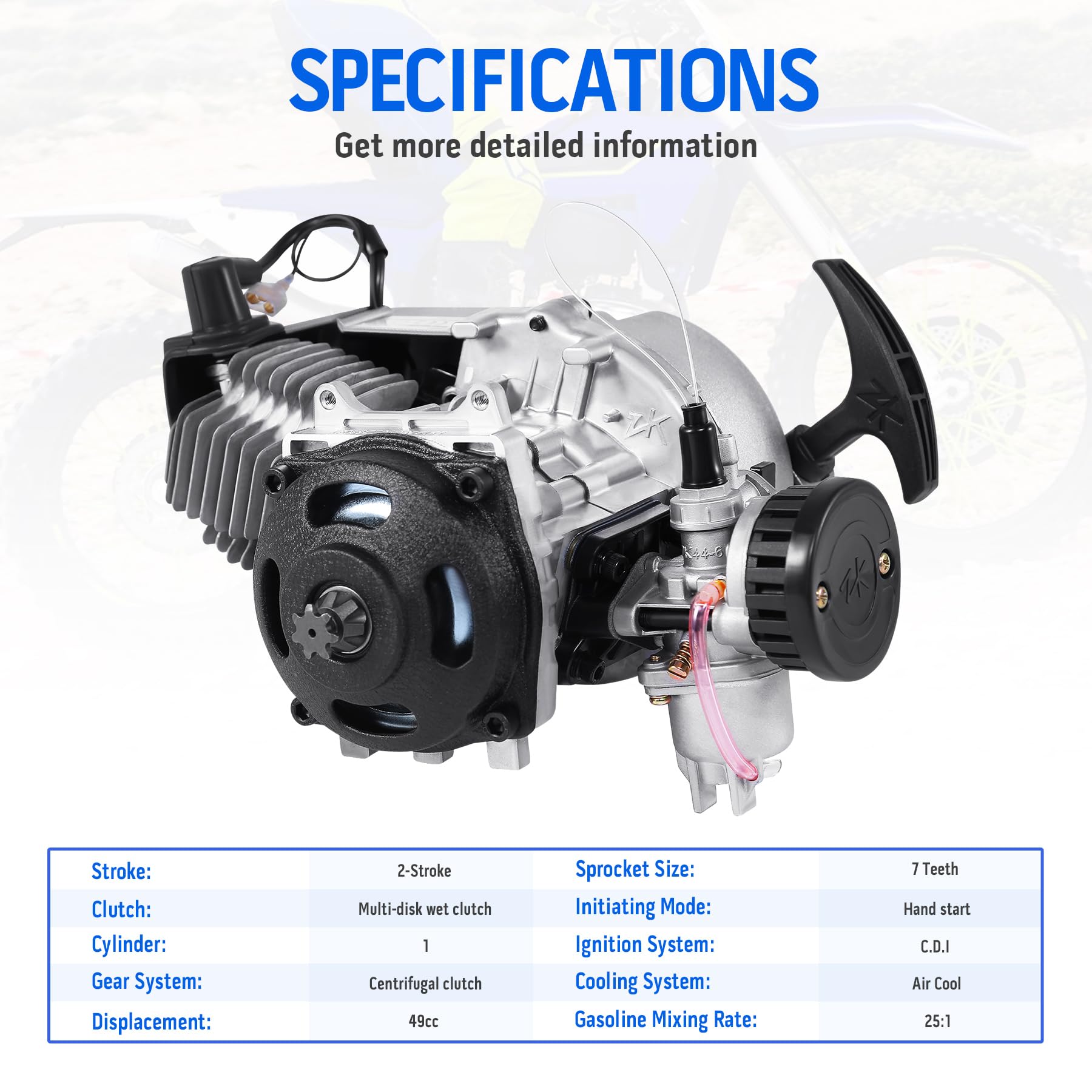 Moteur à traction 49 cc 2 temps refroidi par air pour Pocket Bike Mini Dirt Bike ATV Scooter