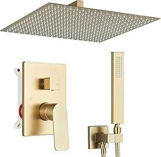 Comprar JUNSOTTOR Sistema de ducha empotrable, juego de grifo de ducha de oro cepillado de 12 pulgadas, juego de ducha de lluvia con alcachofa de mano, 2 funciones, latón para bañeras