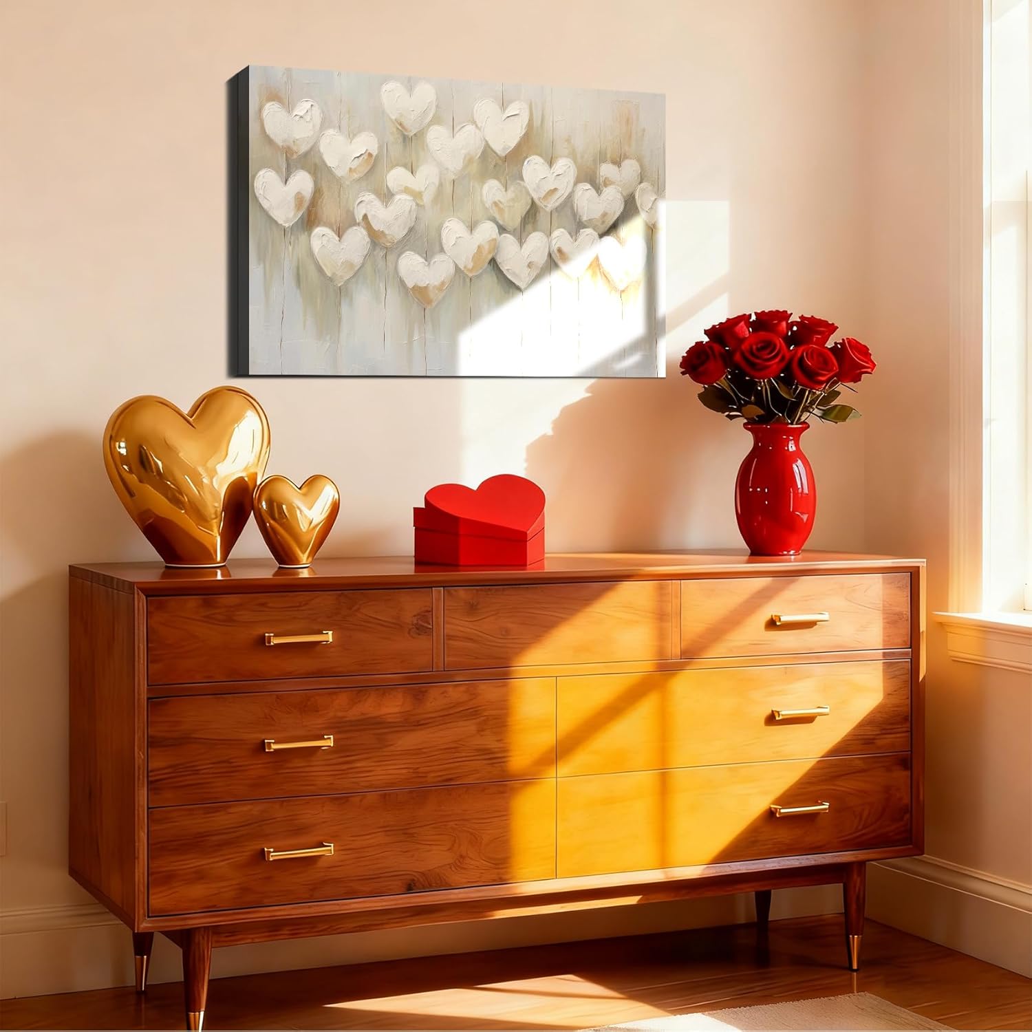 Framed Neutral Beige Hearts Wall Art 16x24in, Romantic Couple Love Canvas Art Pictures, Modern Abstract Wall Decor, Made in USA Ready to Hang for Living Room Bedroom Nursery