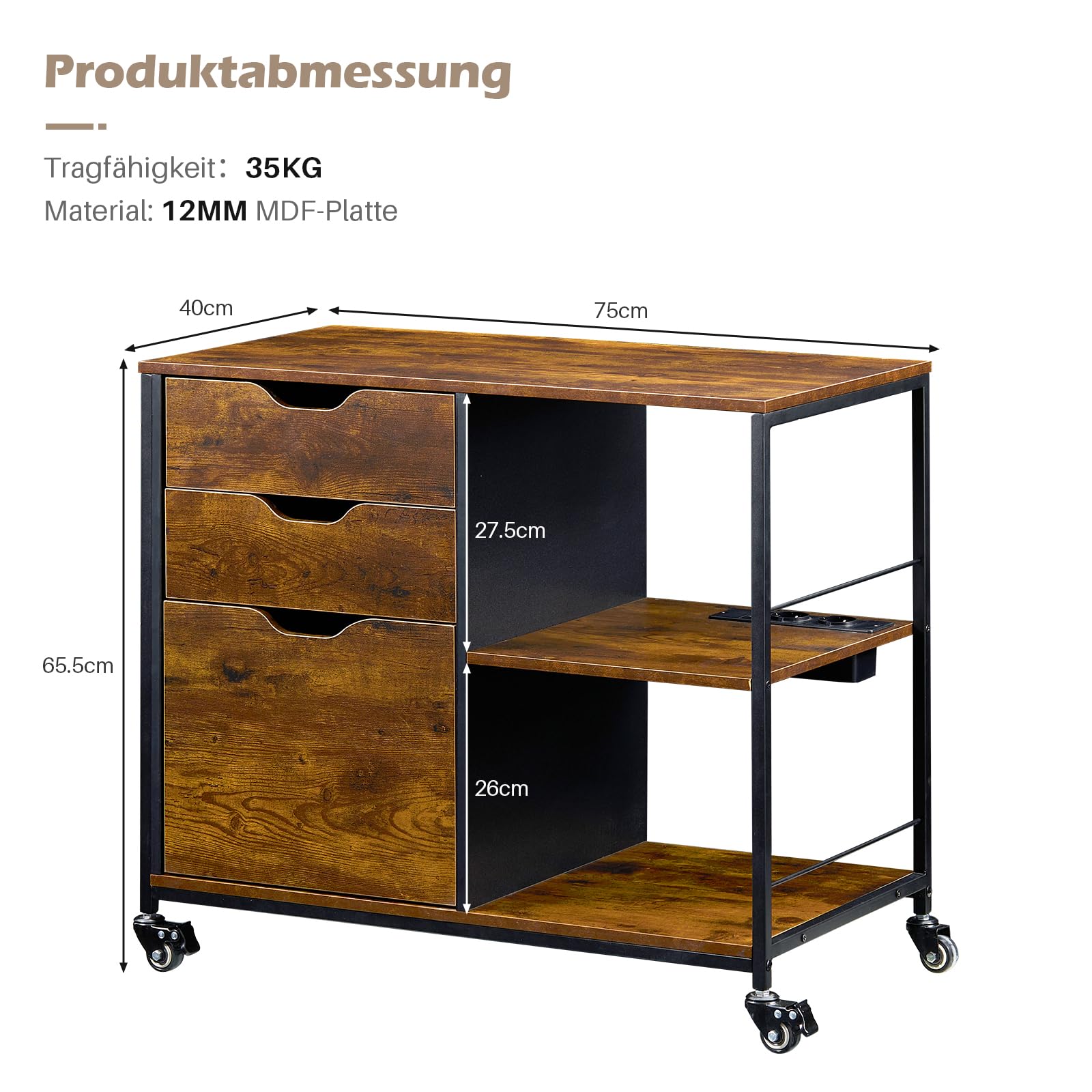 TUKAILAi Caisson de Bureau à Tiroir Verrouillable avec Ports USB et Prise, Petit Meuble de Rangement à roulettes et Compartiment Ouvert, Dossier de Format A4 ou Lettre 75 * 40 * 65.5cm (Marron)