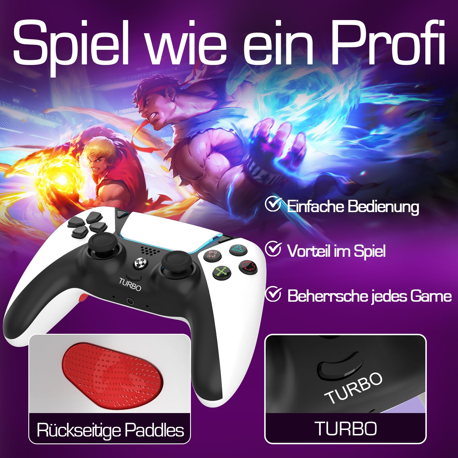 Ruibopad Ymir Wireless Luna Controller PC Bluetooth Gamepad für Fire TV Stick Gaming Kein Drift ALPS Joystick mit 1200mAh Akku Turbo Paddles Weiß