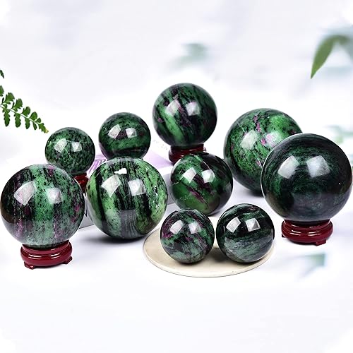 Miniatura 6 de JIC Gem Esfera grande de piedra preciosa de rubí zoisita bola de cristal curativa esfera de cristal rojo y verde con soporte de madera bola