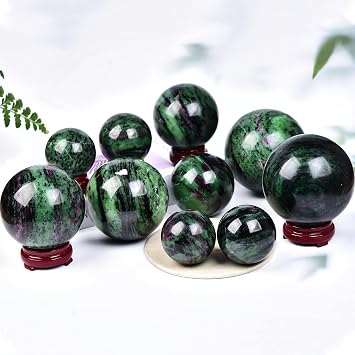 JIC Gem Large Gemstone Sphere Ruby Zoisite Healing Crystal Ball with Red Green Crystal Ball with Wooden Stand Decorative Ball Home Decoration (90-100