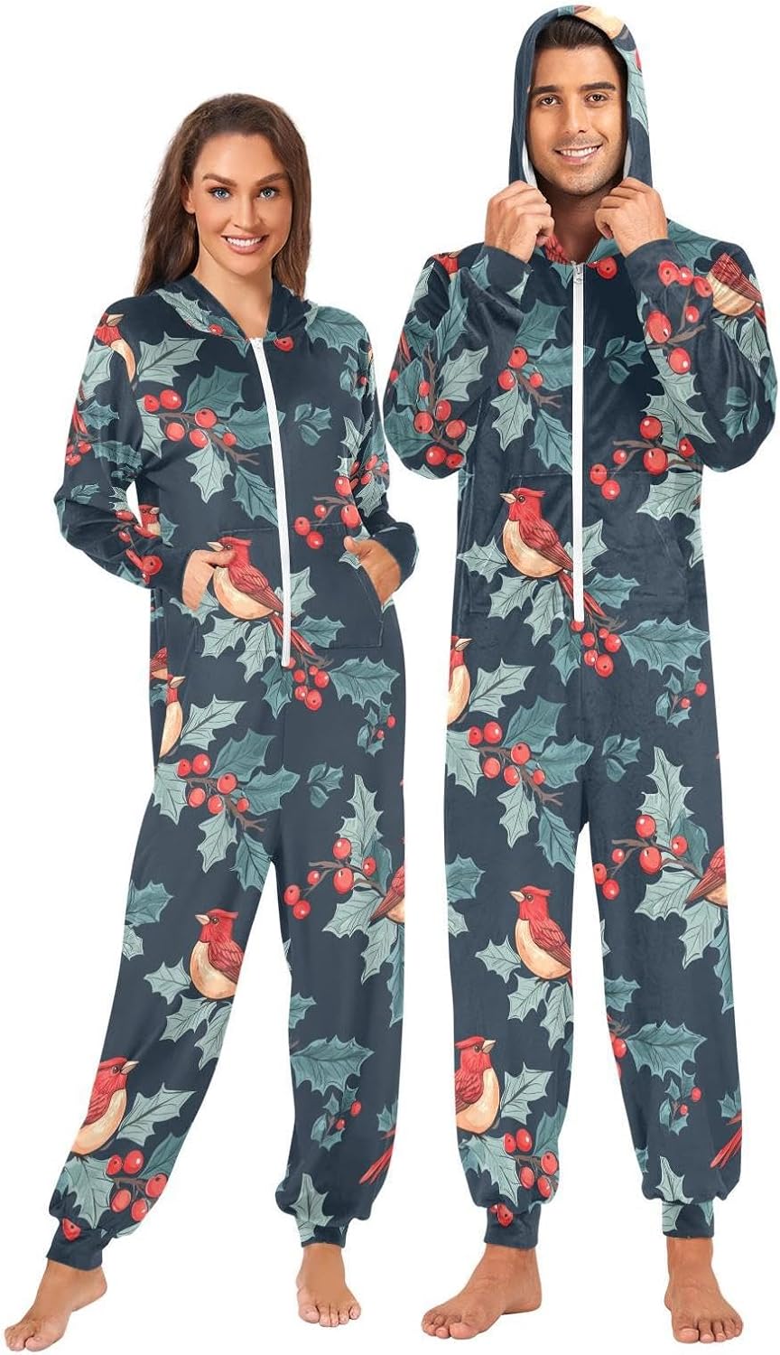 ZZKKO Red Cardinal Bird Christmas Berry Holly Adult Onesie Pajamas for Women Men Cozy One Piece Pajamas Costume Zip-Up Hooded