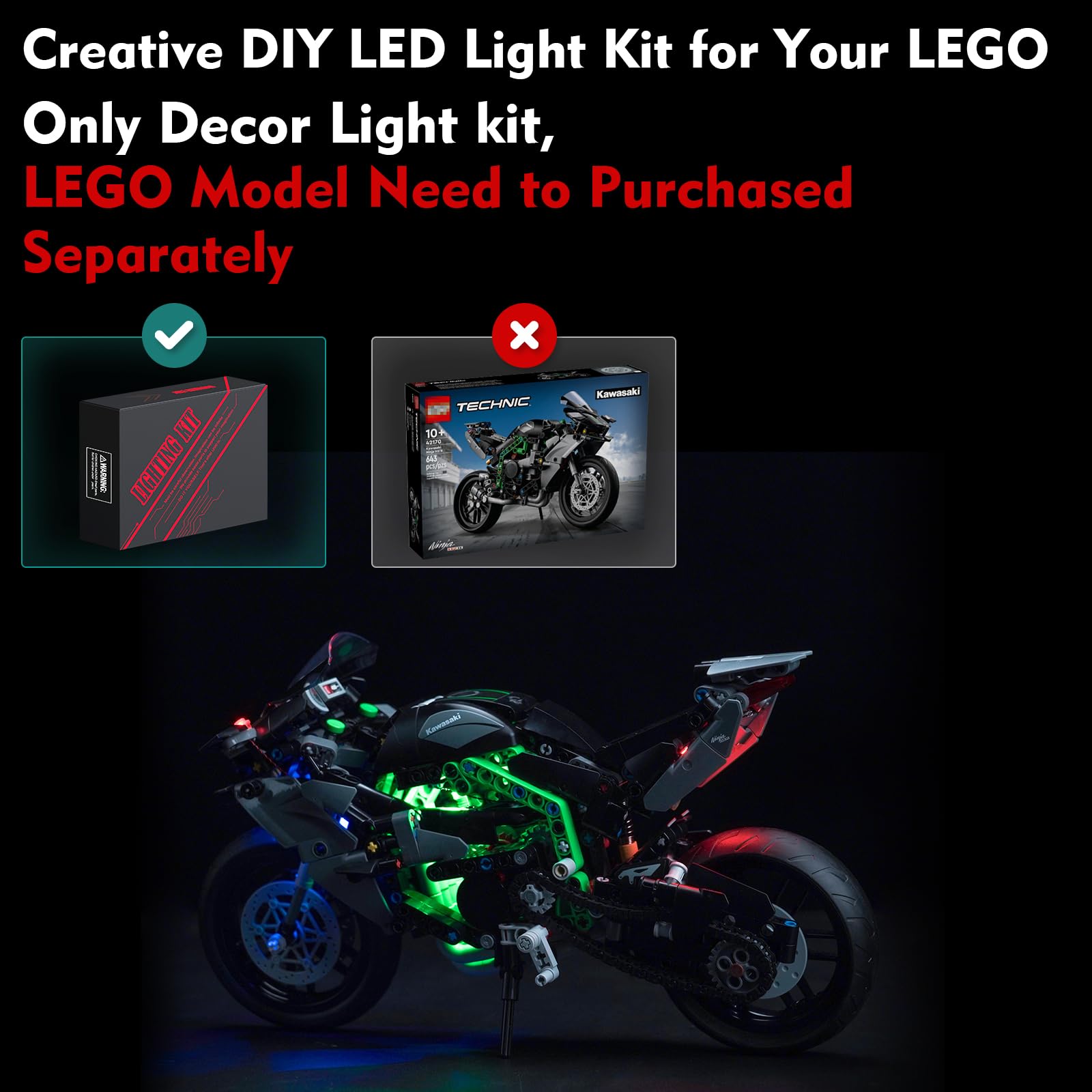 LocoLee Light Kit for Lego Kawasaki Ninja H2R Motorcycle, LED Lighting Set for Lego 42170 Technic Kawasaki Ninja H2R Motorcycle - Image 2