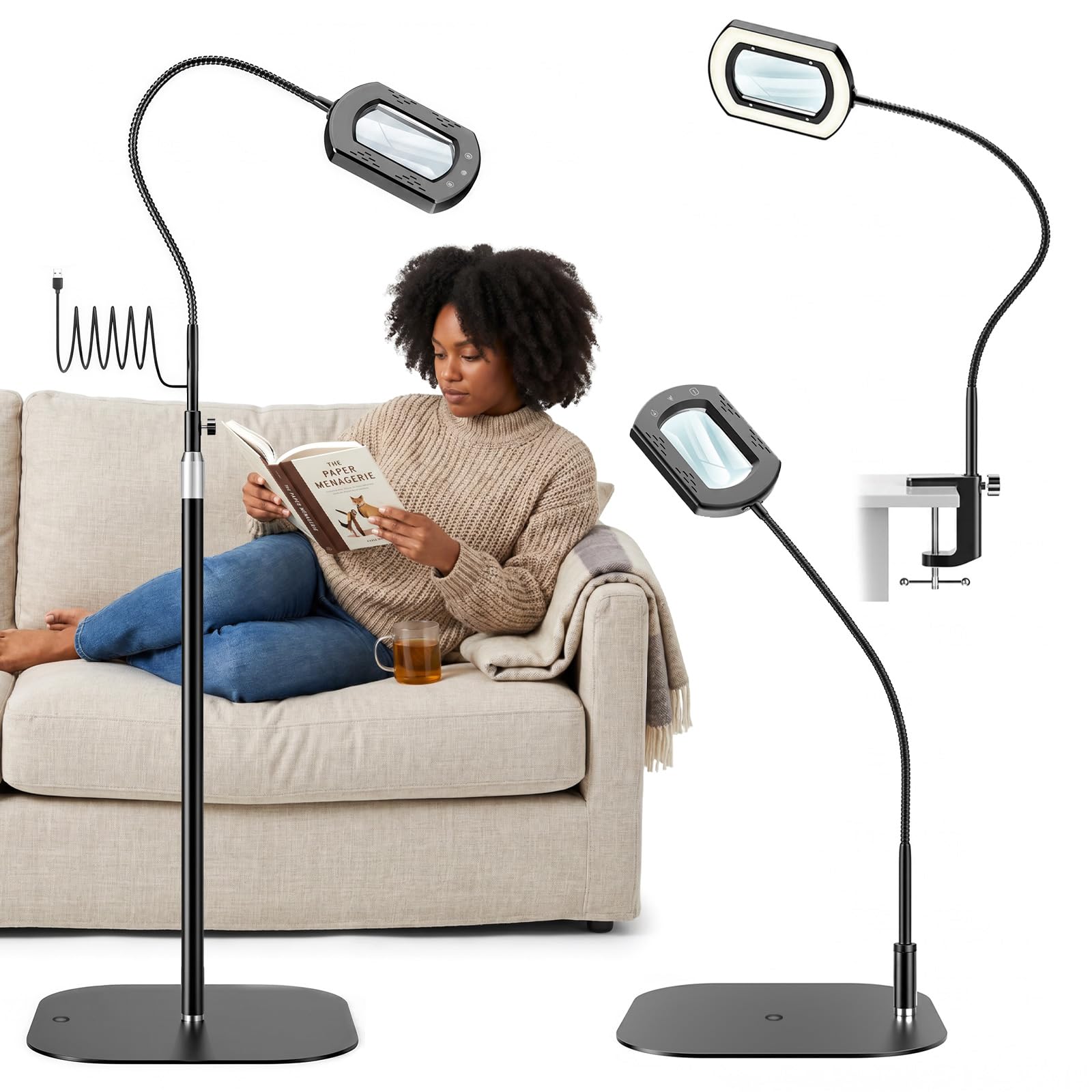 10X Lupenleuchte mit Licht und Standfuß - LED Schwanenhals Standlupe Klemme | 3 in 1 Lupenlampe 5 Farbmodi Stufenlos Dimmbar,142cm Höhenverstellbare Schreibtischlampe mit Lupe für Senioren Lesen Handwerk
